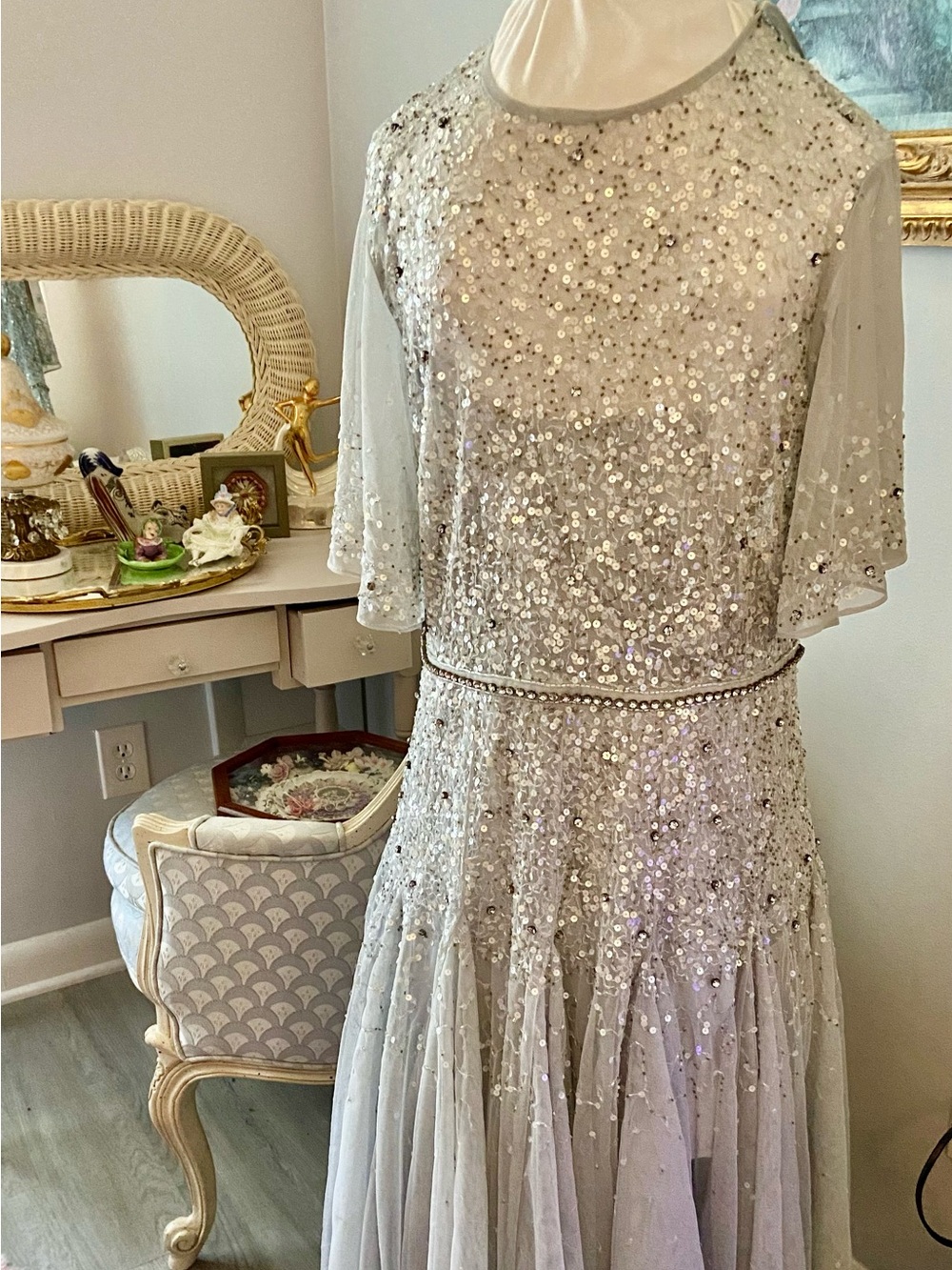 Mac Duggal Beaded Tea Length Cape Sleeve Dress New With Tags